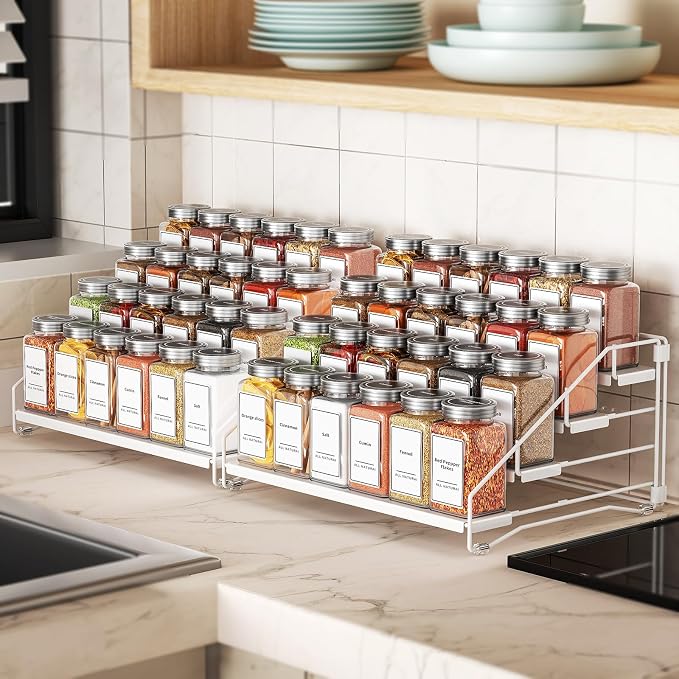 BOIVSHI Spice Organizer for Cabinet, Depth Adjustable Spice Rack, White | 4 Tier Spice Rack for Countertop, 2 Pack Spice Organization for Cabinet, Easy to Assemble Spice Cabinet Organizer