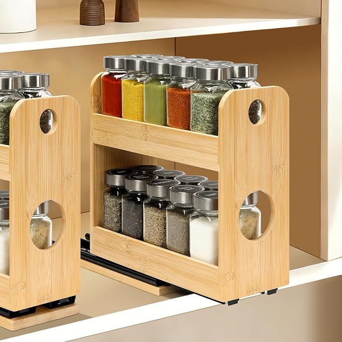 Tfro & Cile 2-Tier Pull Out Spice Rack Organizer for Cabinet Kitchen Pantry | Save Vertical Space, Bamboo Material with Aesthetic Design, Easy to Slide Out and Quick to Assemble