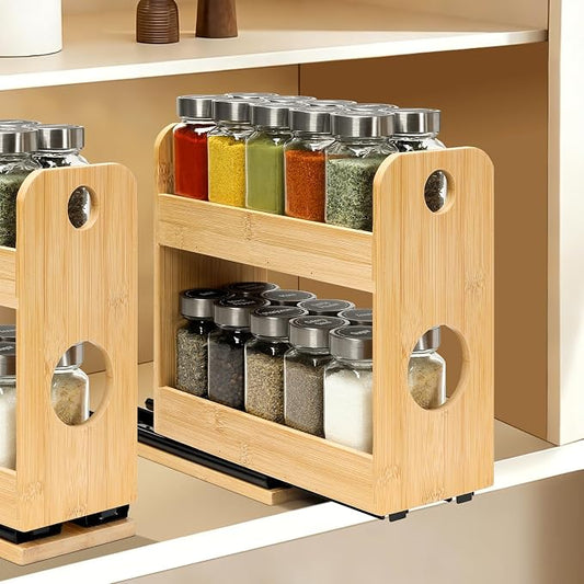 Tfro & Cile 2-Tier Pull Out Spice Rack Organizer for Cabinet Kitchen Pantry | Save Vertical Space, Bamboo Material with Aesthetic Design, Easy to Slide Out and Quick to Assemble