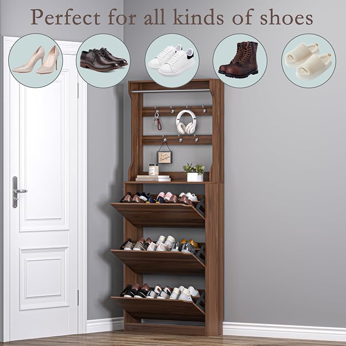 BORNOON Shoe Cabinet with 3 Flip Drawers & Coat Rack, Narrow Hidden Shoe Storage Cabinet, 2-in-1 Hall Tree Slim Freestanding Shoe Rack Organizer for Entryway, Hallway, and Living Room