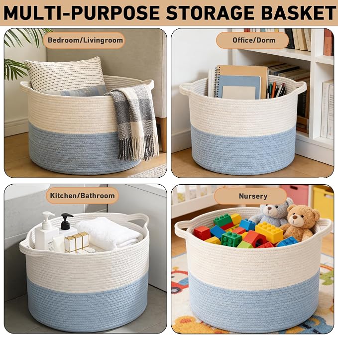 90L Large Blanket Basket,Woven Laundry Basket-White&Blue | Collapsible, reinforced handles, nursery storage bin organizes clothes, toys and pillows for living room, bedroom bathroom
