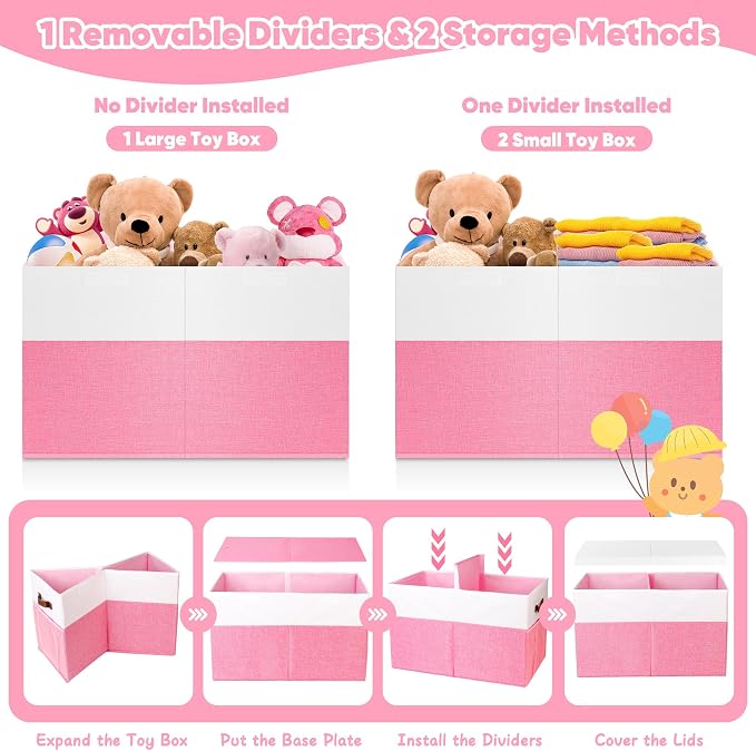 Large Toy Bins Box, Collapsible Toy Storage Chest With Lids, 25"x13"x16" | Sturdy Kids Toy Storage Box with 2 Pockets and Dividers for Boys Girls, Bedroom & Living room Organization, White & Pink