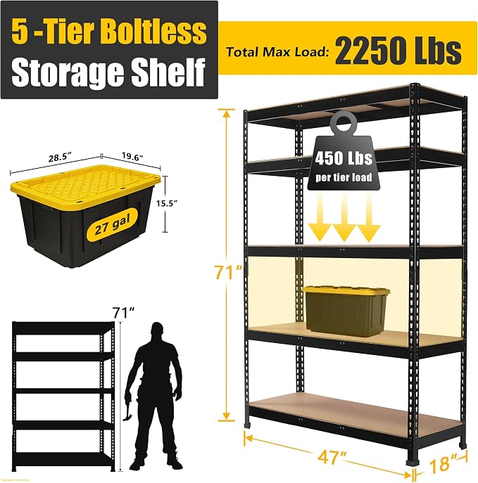 PrimeZone 47"W x 18"D x 72"H Garage Storage Shelves, 5-Tier Metal Shelving | 2250 LBS Capacity, Heavy-Duty Metal Frame, FSC MDF Boards, Boltless Assembly, Adjustable Shelves for Warehouse, Basement 2PCS