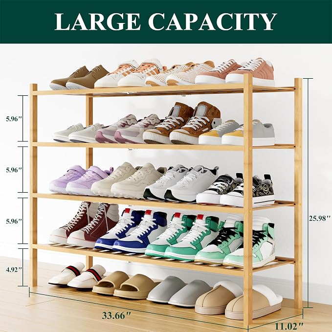Smiry Bamboo Shoe Rack, 12 Vertical Slats, 4 Tier - 33.7" Wide, Natural | Stackable Free Standing Wooden Shoe Organizer, Wood Shoe Storage Shelf for Closet, Entryway
