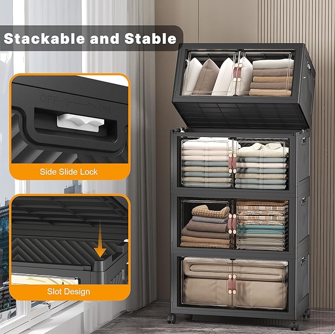 UAMFURI Stackable Storage Bins, 480QT Collapsible Drawers with 1 Lid | Large Capacity, Magnetic Door, Stack Lock, Rolling Wheels, Foldable Design, Organizers and Storage for Bedroom Dorm Garage