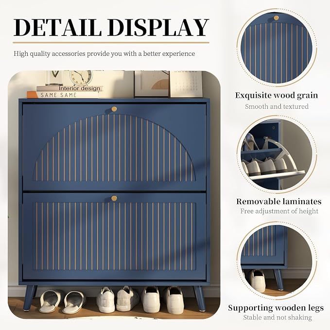 Fsbecl Shoe Storage Cabinet for Entryway with 2 Flip Drawers, Narrow Wood Shoe Cabinet with Fluted Panel, Freestanding Hidden Shoe Organizer for Hallway
