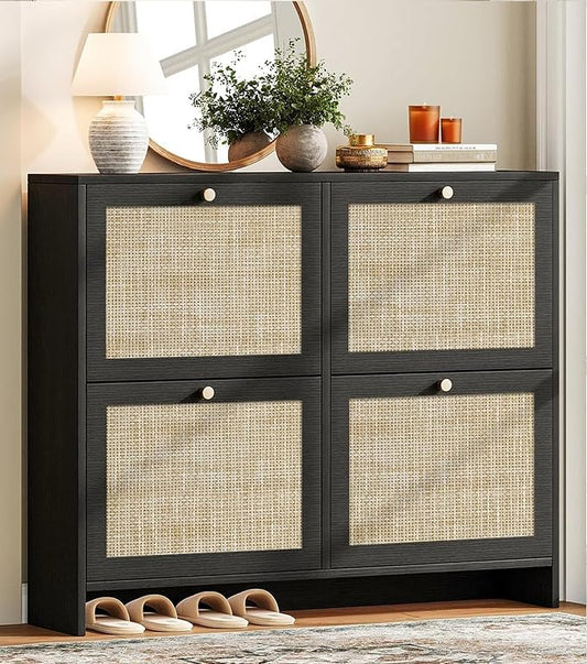 Nicetree Shoe Cabinet Storage for Entryway, 4-Flip Drawer Narrow Shoe Rack with Adjustable Shelves, Boho Modern Square Rattan Shoe Organizer, Slim Wood Storage Cabinets for Small Spaces Fits Size 13.5