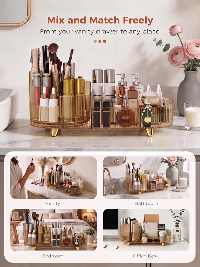 Booklov Rotating Makeup Organizer for Vanity Countertop, Amber | Clear Acrylic Cosmetic Display Case, Large Beauty Brush Holder for Bathroom Counter, Skincare Lipsticks Storage