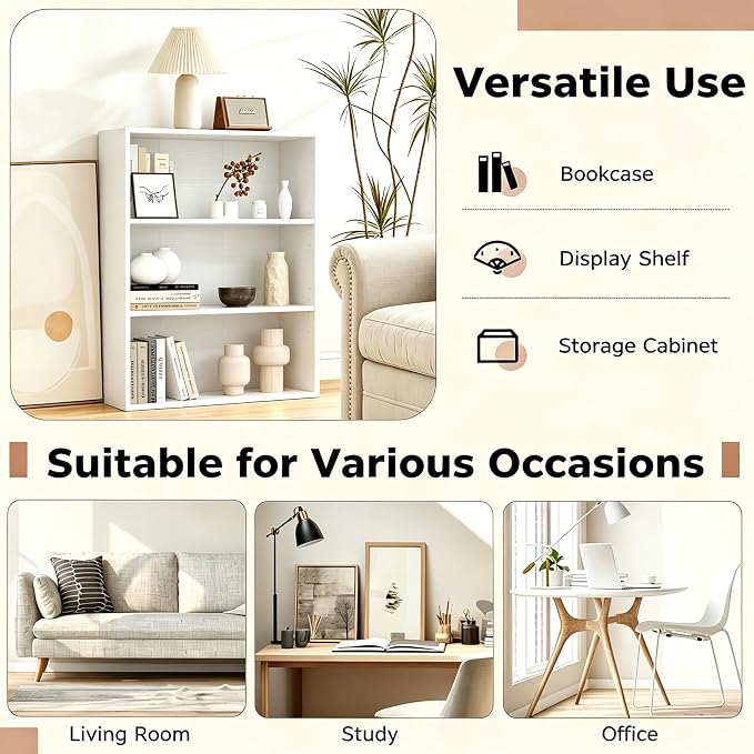HealSmart 3 Tier Bookcase, Industrial 3 Book Shelf, 9.2" D x 23.8" W x 31.5" H Tall Open Cube Storage Organizer for Home Office, Living Room, Bedroom and Dinning Room, White