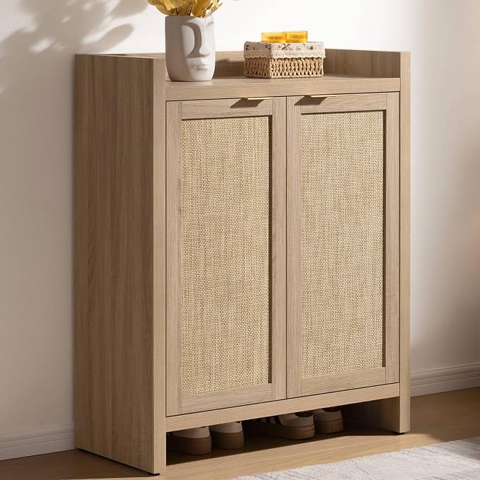 SICOTAS Shoe Cabinet, 24 Pair Shoe Storage Organizer Cabinet, Rattan Doors | 41" Tall Rattan Shoe Cabinet with Doors, 6-Tier Farmhouse Boho Wooden Storage Cabinet for Entryway Hallway, Light Oak