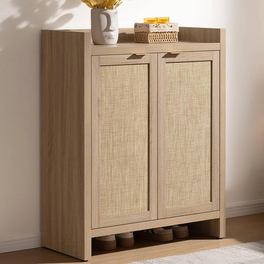 SICOTAS Shoe Cabinet, 24 Pair Shoe Storage Organizer Cabinet, Rattan Doors | 41" Tall Rattan Shoe Cabinet with Doors, 6-Tier Farmhouse Boho Wooden Storage Cabinet for Entryway Hallway, Light Oak