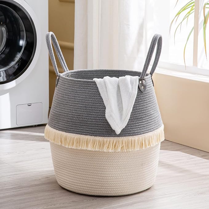 KAKAMAY Woven Baskets for Storage(17"x17"),Large Cotton Rope Woven Baby Laundry Hamper,Collapsible Laundry Basket, Blanket Basket for Organizing Living Room,Nursery,Pillows,Toy Chest(Grey)