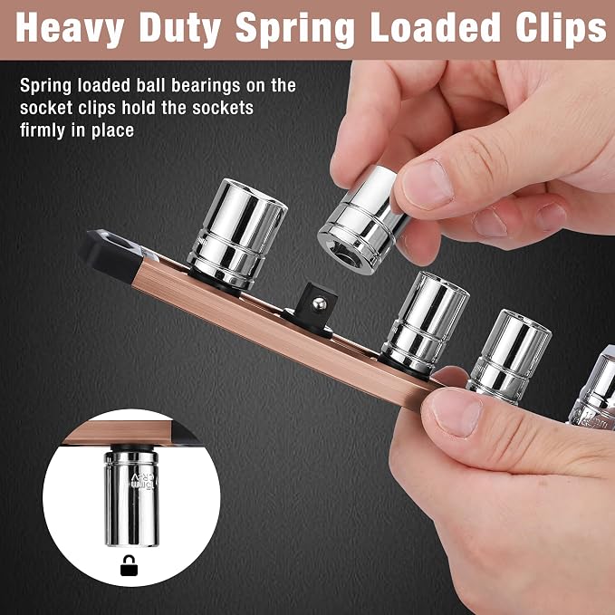 WORKPRO Magnetic Socket Organizer, Heavy Duty 3/8-Inch Drive Socket Rail | 1 Piece Socket Holder with 10 Spots, Aluminum Alloy, Rotatable & Movable Clips, Efficient Organization