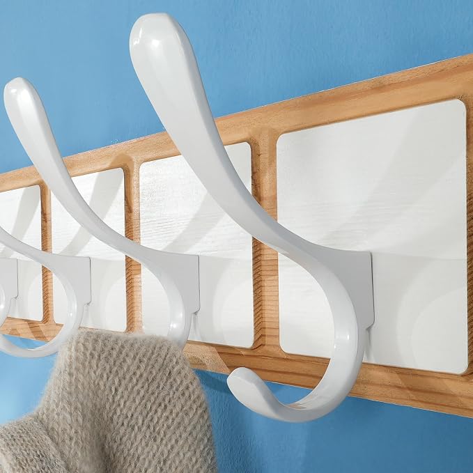 SKOLOO Coat Rack Wall Mount - Scandi-Style Wooden Carved-Block Coat Hook,Pack of 2, Wall Coat Hanger with 6 Hooks for Hanging Coats, Hats, Clothing, Scarfs, Natural & White
