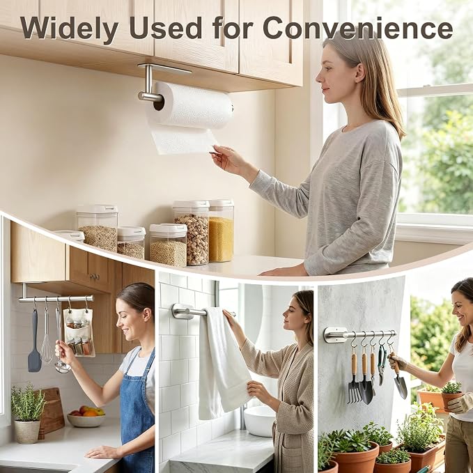 Paper Towel Holder, 2-Pack US304 Stainless Steel Wall Mount Rack, Self-Adhesive No Drilling, Rustproof Space Saving Under Cabinet Mount, Organizer for Kitchen, Bathroom, RV, Pantry (Silver)