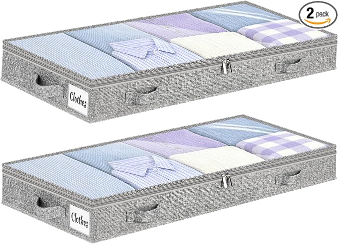 5 Inch Low Profile Under Bed Storage Drawer 2 Pack, Lightweight Underbed Clothes Storage Container Bins With NO STURCTURE, Shallow Storage Bag for Dorm & Home, With Clear Lids & Water-Resistant Fabric