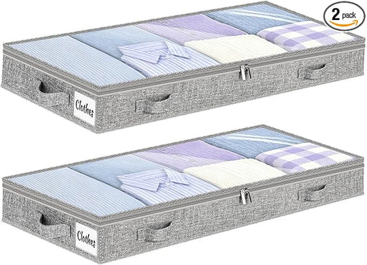 5 Inch Low Profile Under Bed Storage Drawer 2 Pack, Lightweight Underbed Clothes Storage Container Bins With NO STURCTURE, Shallow Storage Bag for Dorm & Home, With Clear Lids & Water-Resistant Fabric