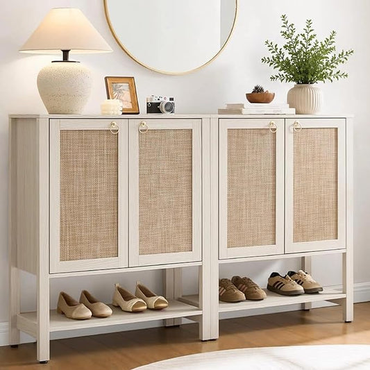 SICOTAS Shoe Storage Cabinet for Entryway, 5 Tier, 2 Pieces | Entry Shoe Organizer Cabinet with Shelves & Doors, Boho Shoe Rack for Hallway, Living Room, Closet (White Cream Oak)