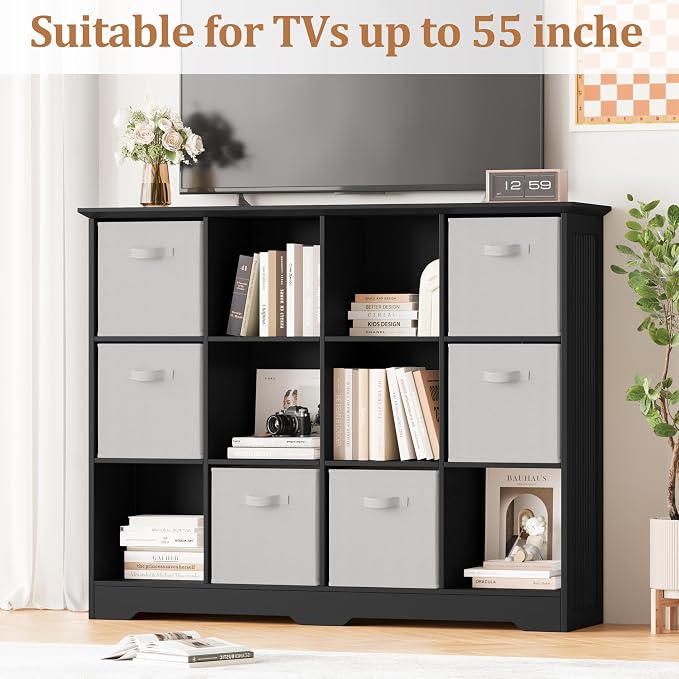 12 Cube Storage Organizer Shelf, Wood Cubby Storage with 6 Fabric Drawers | 3 Tier Wooden Bookshelf with 2 Adjustable Shelves, Fluted Side Panels Bookcase for Records, Books, Ornaments
