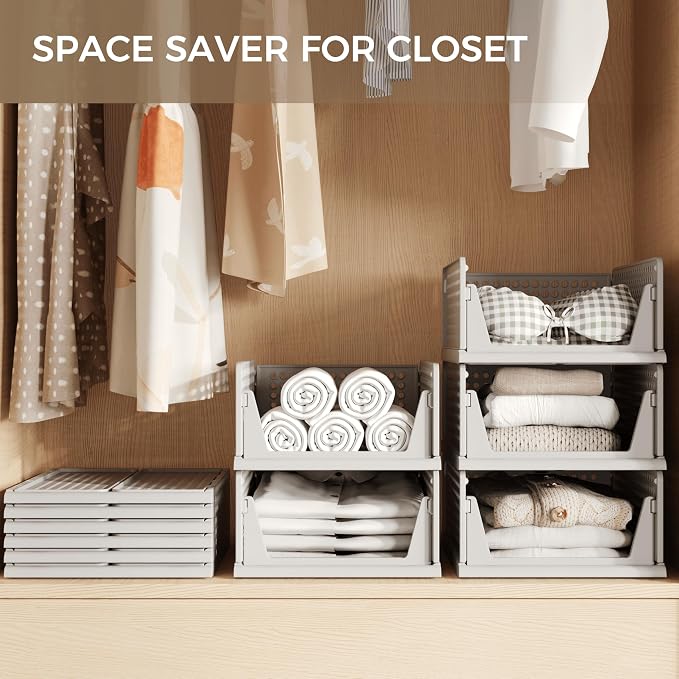 Pinkpum 6 Pack Closet Organizer Storage Bins Stackable Plastic Drawer Shelf | Basket for Clothing Stackable Storage Bins Shelf Storage Container for Closet Wardrobe Bedroom Bathroom Office Grey Foldable