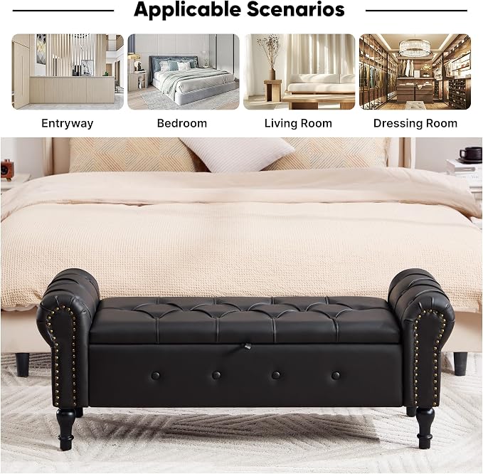 Storage Bench 51" Faux Leather End of Bed Benches Obsidian Black | Queen Size Storage Bench for Bedroom with Rolled Arms Tufted Ottoman Benches Upholstered Bench for Living Room Entryway