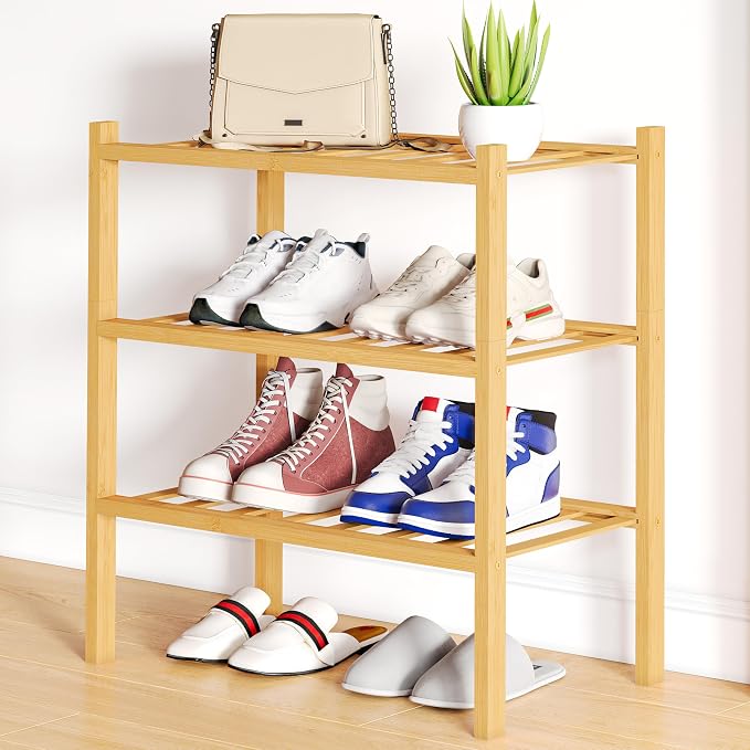 Smiry Bamboo Shoe Rack, 12 Vertical Slats, 3 Tier - 17.3" Wide, Natural | Stackable Free Standing Wooden Shoe Organizer, Wood Shoe Storage Shelf for Closet, Entryway