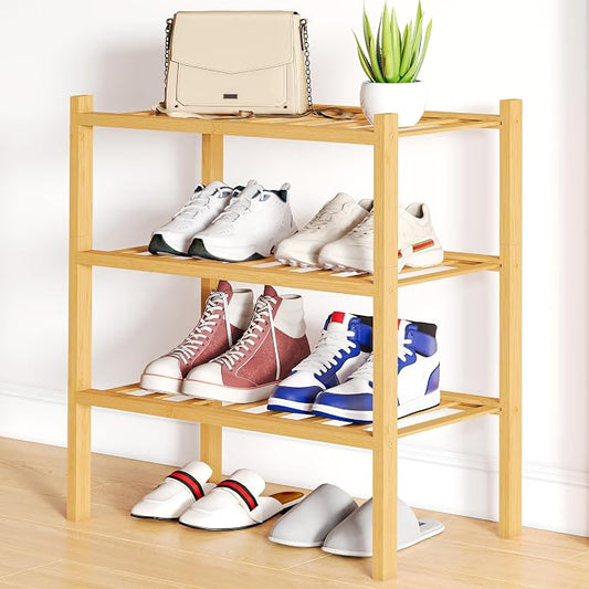 Smiry Bamboo Shoe Rack, 12 Vertical Slats, 3 Tier - 17.3" Wide, Natural | Stackable Free Standing Wooden Shoe Organizer, Wood Shoe Storage Shelf for Closet, Entryway