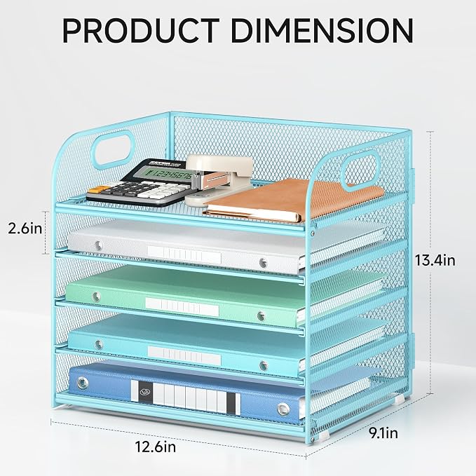 Lavatino Desk Letter Tray Paper Organizer for Desk 5-Tier with Handle Mesh Desktop File Organizer Paper Holder for Classroom Office Accessories - Blue