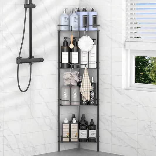 HuggieGems 4 Tier Floor Standing Corner Shower Caddy Organizer Shelf with Hooks, Bathroom Shelves Stand Rack, Black