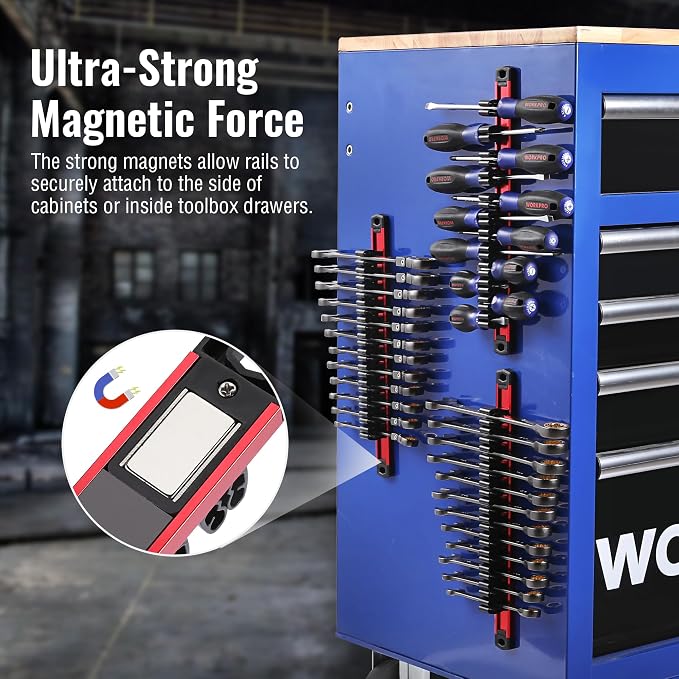 WORKPRO Magnetic Screwdriver and Wrench Organizer Set, 12-Slot Tool Holder | Aluminum Rail, Magnetic Force, Flexible High-Tension Tool Clips, For Tool Box Drawer & Wall-Mount Storage