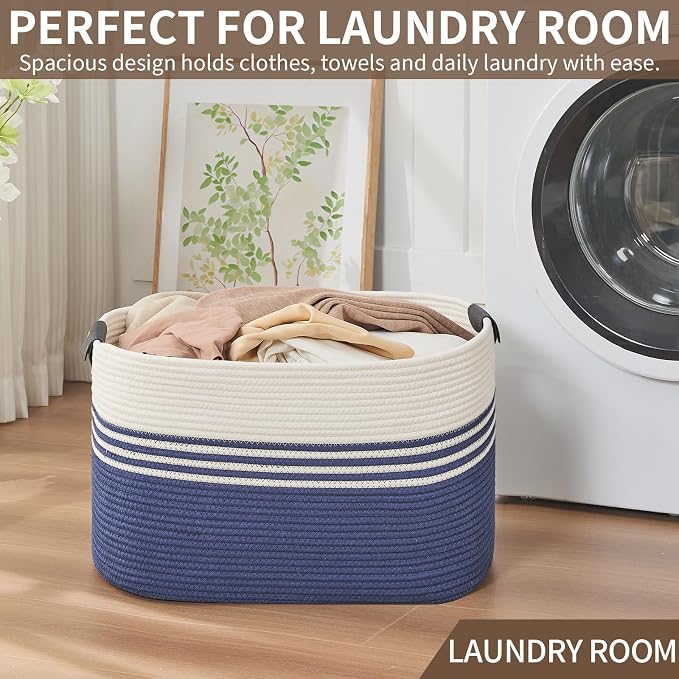 Laundry Hamper with Handles, 72L Rope Laundry Basket, Blue | Cotton rope clothes hamper with leather handles holds blankets, pillows, toys and laundry in nursery, bedroom or living room