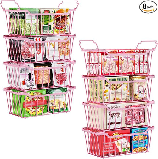 SUNALLY Freezer Organizer Bins, 8 Pack Stackable Pantry Storage Bins, Pink | Chest Freezer Organizer for 5-7 Cu.FT Deep Freezer to Sort Frozen Meats & Food, Wire Baskets for Pantry Organizers & Storage