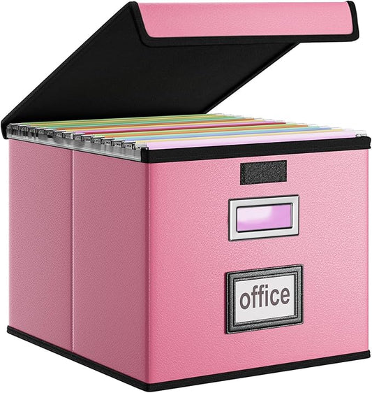 File Organizer Box with Lids, Collapsible File Folder Organizer | File Box with Plastic Slides for Document, Filing Bin for Letter Size Hanging File Folders (1 Pack, Pink, Leather)