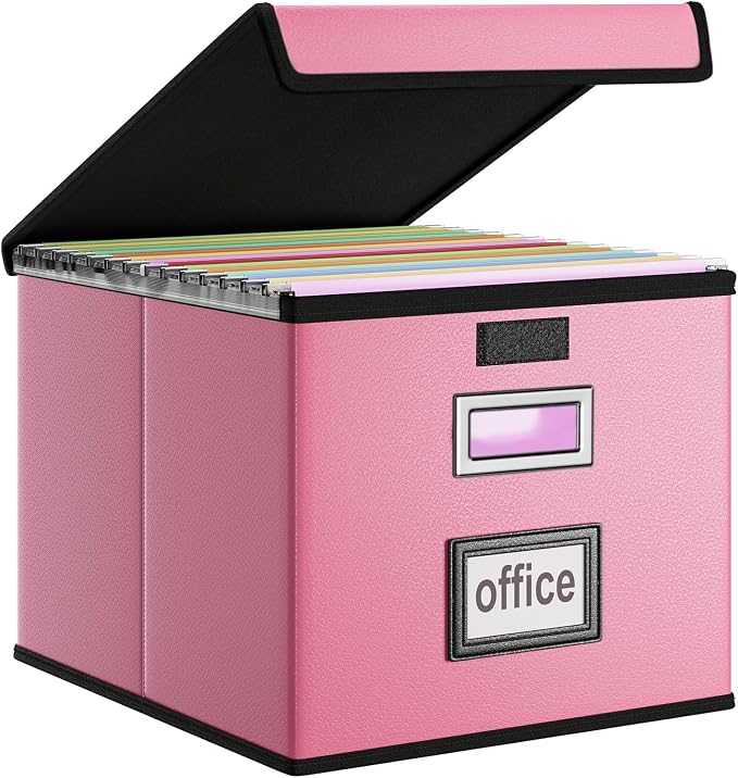 File Organizer Box with Lids, Collapsible File Folder Organizer | File Box with Plastic Slides for Document, Filing Bin for Letter Size Hanging File Folders (4 Pack, Pink, Leather)