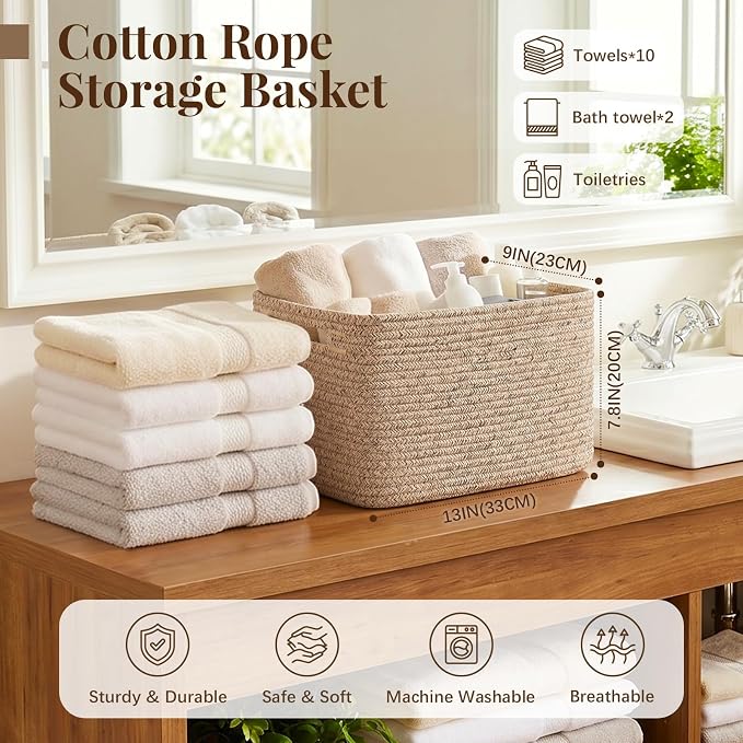 OIASKET 4Packs Natural Cotton Rope Storage Baskets for Organizing Toys, Clothes, Towels & Books, Soft Versatile Organizers for Shelves, Home Decorative Bins, 13''Lx9''Wx7.8''H, Brown