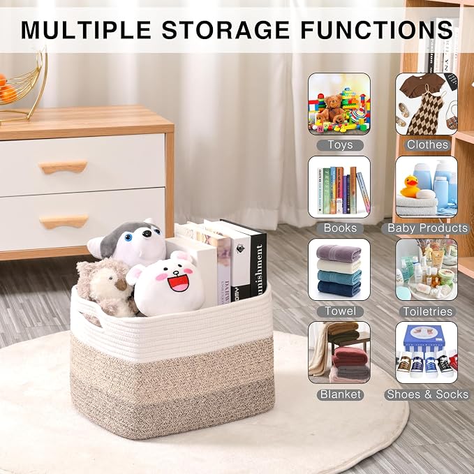 ICERZCZ Storage Baskets for Organizing Shelves, Woven Cotton Rope Bins for Baby Nursery Organization, Book Toy Towel Organizer, 15"x11"x9.5", 3 Packs, Gradient Brown