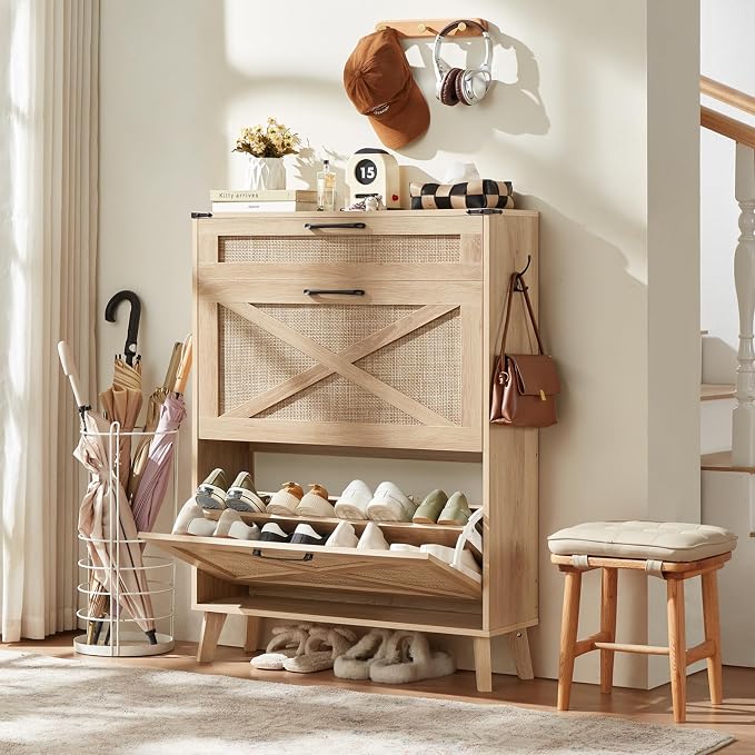 LEYAOYAO Shoe Cabinet Storage for Entryway with 2 Flip Drawers Rack Narrow Organizer Slim Hidden Wood Shoe Cabinet Furniture Natural Oak