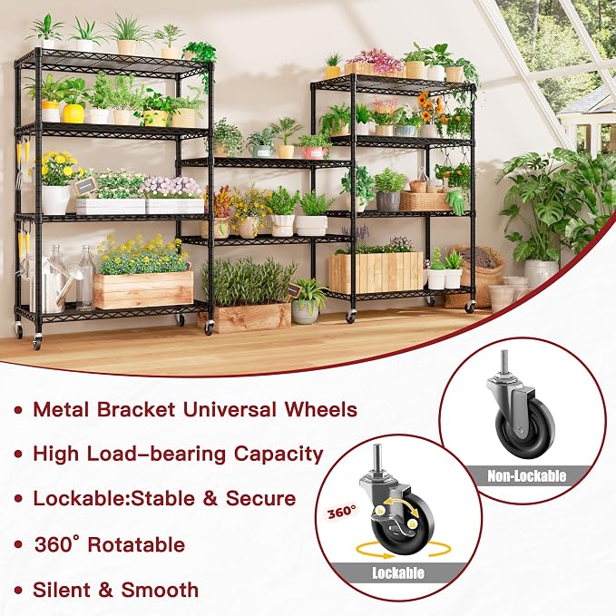 PrimeZone Wire Shelving with Wheels, 5-Tier NSF Adjustable Storage Shelves | 36"W x 16"D x 79"H Metal Shelf, Adjustable Organizer, 4 Hooks, Heavy Duty 1250 LBS Capacity for Kitchen, Pantry, 3 PCS