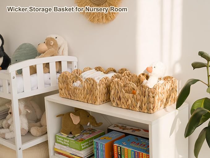 StorageWorks Scalloped Wicker Basket, Woven Baskets for Storage, Rattan Baskets with Handles, Water Hyacinth Basket for Organizing and Decor, 2 Pack