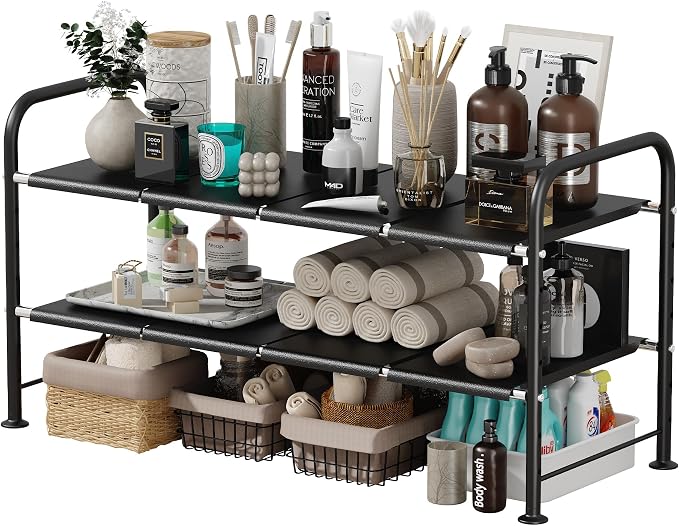Under Sink Organizers and Storage,Expandable under cabinet organizer Shelf | 2 tier expandable shelf for kitchen and bathroom,8 Removable Carbon Steel Panels,27.36-36.02" W x 12.28" D x 16.93" H