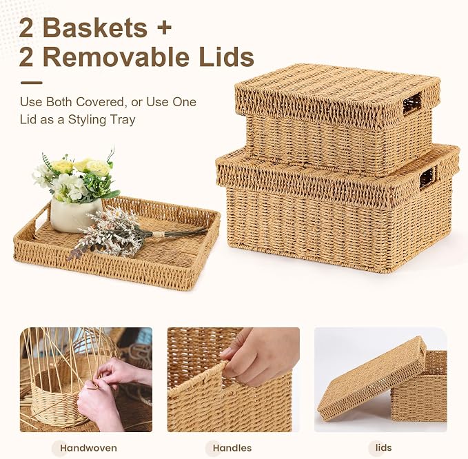 Wicker Storage Baskets with Lids for Shelves, 2-Basket Set, Natural | Two rectangular wicker baskets with removable lids, large and medium, for decorative shelf storage; lids flip into trays.