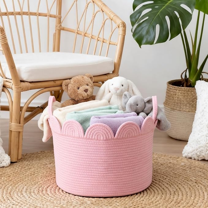 LemonRoad Pink Round Basket Large Blanket Basket 16'' x 14'' Scalloped Woven Baskets Cotton Storage Baskets for Nursery Classroom Closet Blankets Storage Home Decor