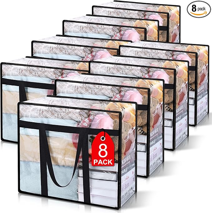 8Pack Clear Blanket Storage Bags Comforter Clothes Storage Moving Bag, 40L | Vinyl Material Reinforced Handle for Bedding, Clothing, Comforters, Pillows, Toys, Closet Organizers and Storage Containers