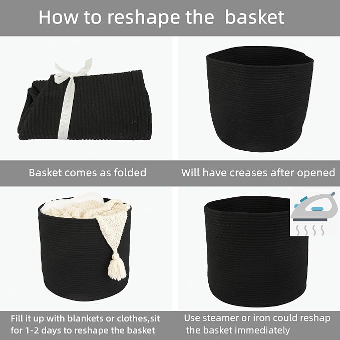 XUANGUO Cotton Rope Basket For Girls Boys Kids 16”X14” Black | Baby Laundry Baskets, Blanket Basket, Nursery Bin; Round Woven Basket Organizer for Toy Storage, Blankets, Shoes and Clothes