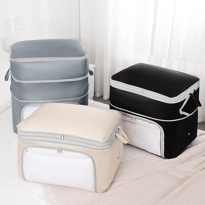 Comforter Storage Bag - 130L Blanket Storage Bags Front-opening Ultra Space Saving Self Compression Organizer, Washable Compression Bags for Storage Comforter Blanket, 2 Pack, Grey
