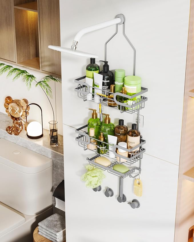 HapiRm Bathroom Hanging Shower Caddy - Rustproof Shower Shelf with 12 Hooks and 2 Soap Holders, No Drilling Bathroom Organizers and Storage - Silver
