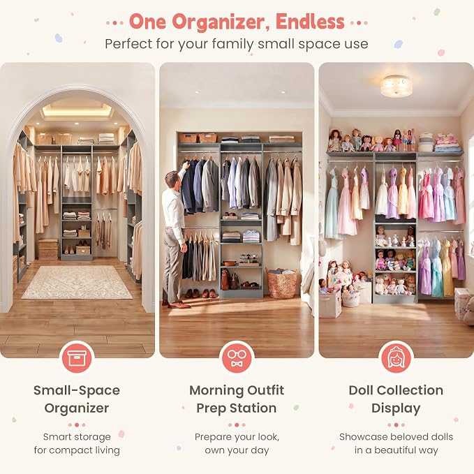 48" Small Closet System, Space-Saving Wall-Mounted Wardrobe Organizer, Mini Garment Rack for Narrow Spaces, Morning Outfit Prep Station & Nursery Dress-up Storage,Grey