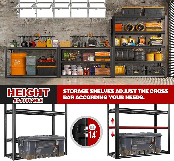 REIBII 48" W Garage Shelving Load 2500LBS, 5 Tier Storage Shelves, Adjustable Garage Storage Shelves, Heavy Duty Shelving for Warehouse, Pantry, Basement, Commercial, 48" W X 72" H X18 D