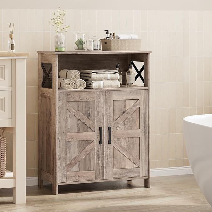 Homhedy Farmhouse Bathroom Storage Cabinet with Doors, Small Floor Cabinet | Toilet Paper Cabinet with Adjustable Shelf, Freestanding Storage Cabinet for Kitchen/Laundry/Living Room, 24"W, Greige