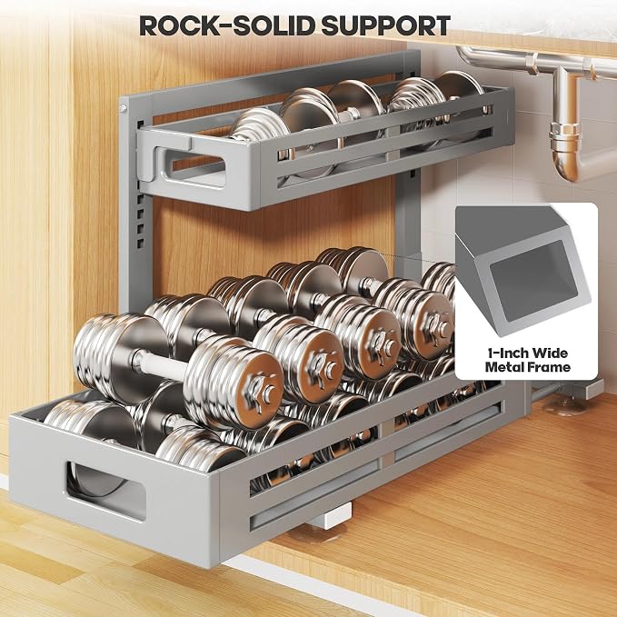 2 Pack 21IN-Depth Under Sink Organizer,Pull Out Cabinet Organizer With Smooth Cylindrical Rail,Metal Slide Out Drawer for Kitchen Bathroom Laundry,8-Level Tool Free Height Adjustable-Gun Gray